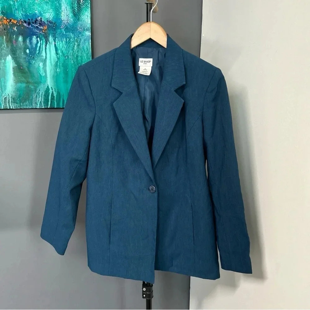 Liz Baker‎ Blue Blazer Women's 8P Lined Single Button Pockets Career Office Work